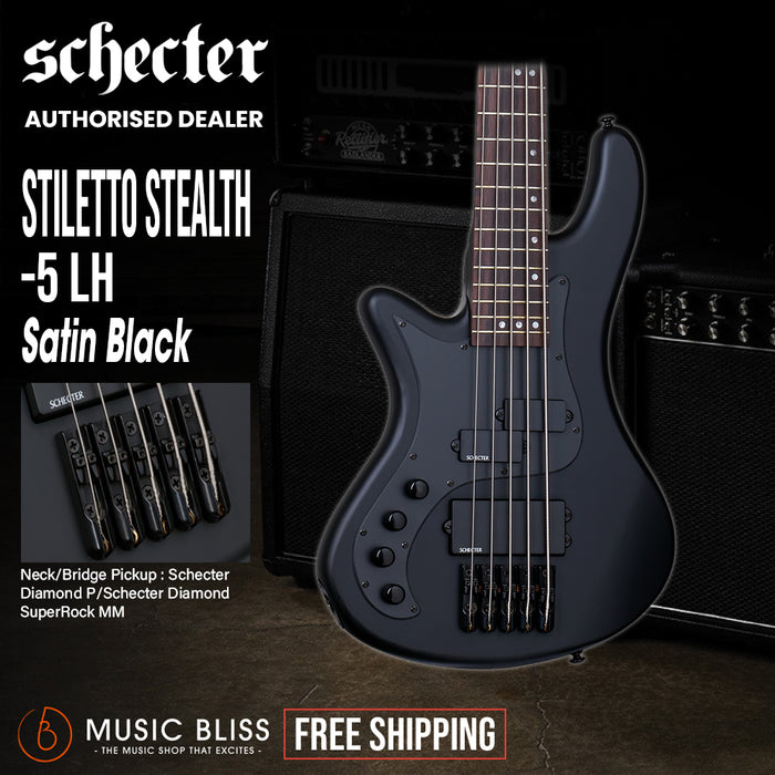 Schecter Stiletto Stealth-5 Left-Handed Electric Bass Guitar - Satin Black