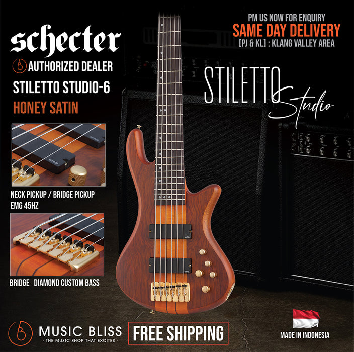 Schecter Stiletto Studio-6 6-String Electric Bass Guitar - Honey Satin [MIK] - Music Bliss Malaysia