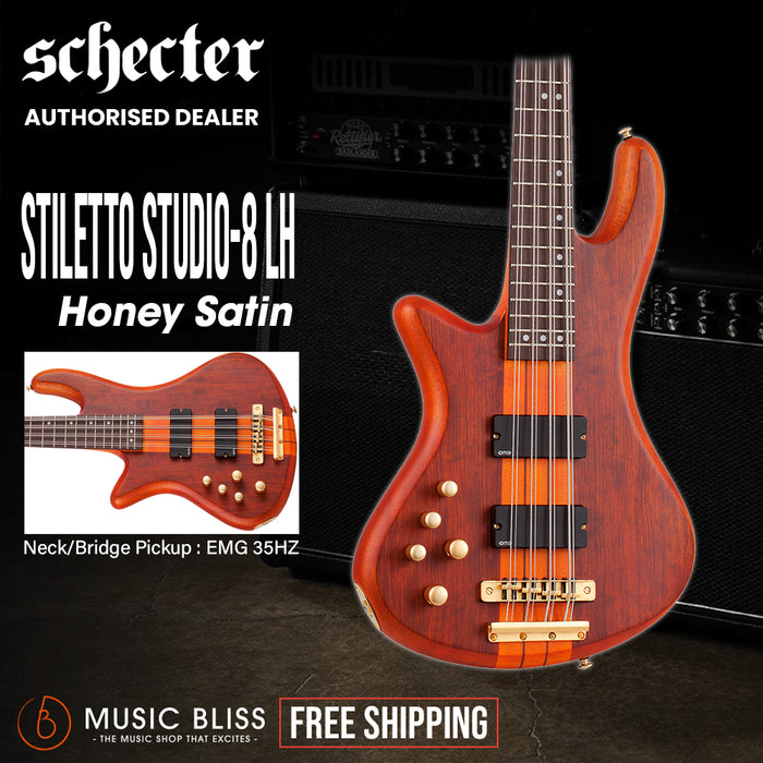 Schecter Stiletto Studio-8 Left-Handed Electric Bass Guitar - Honey Satin