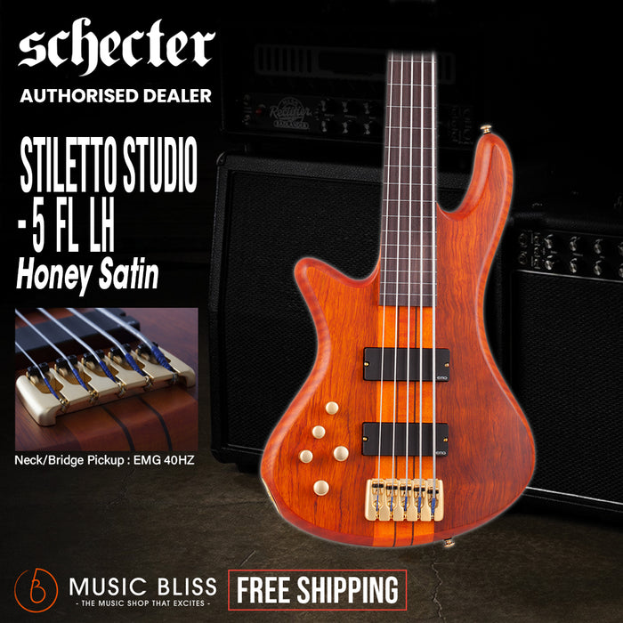 Schecter Stiletto Studio-5 FL Left-Handed Electric Bass Guitar - Honey Satin