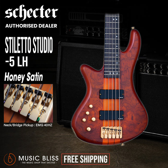 Schecter Stiletto Studio-5 Left-Handed Electric Bass Guitar - Honey Satin