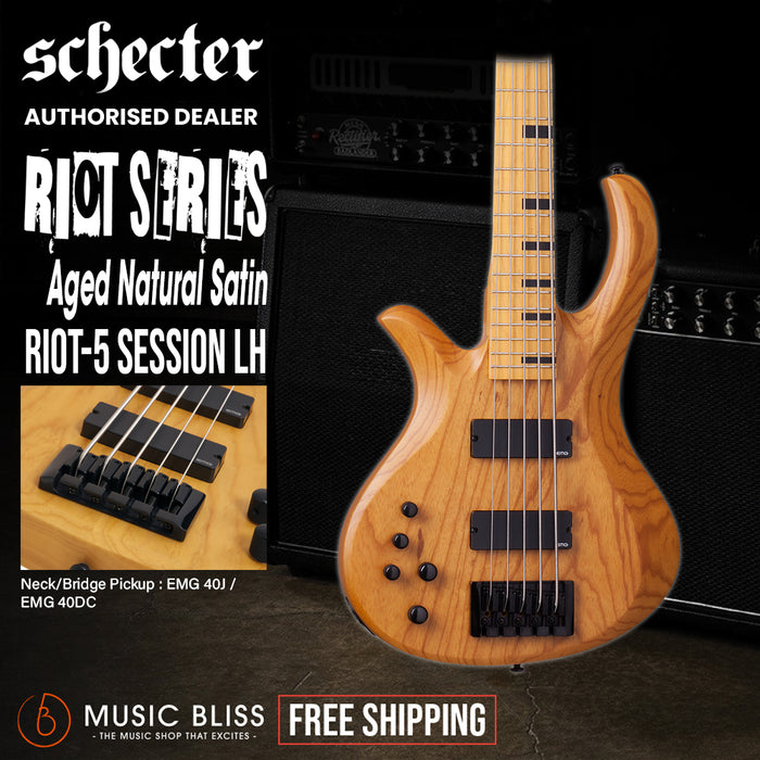 Schecter Riot Session-5 Left-Handed Electric Bass Guitar - Aged Natural Satin