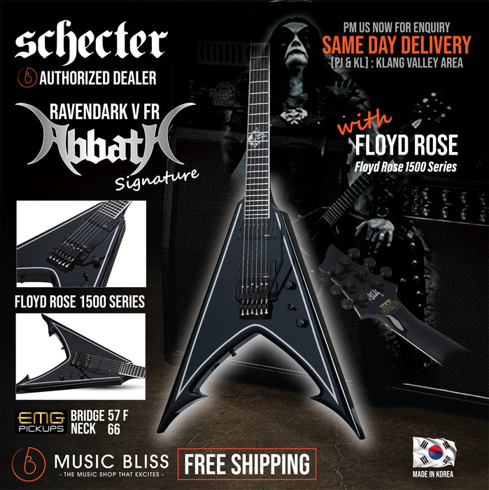 Schecter RavenDark V FR Abbath Signature - Gloss Black with Silver Pin Stripes [MIK] - Music Bliss Malaysia