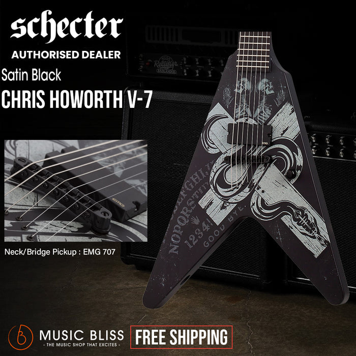 Schecter V-7 Chris Howorth Snake Cross Electric Guitar - Satin Black