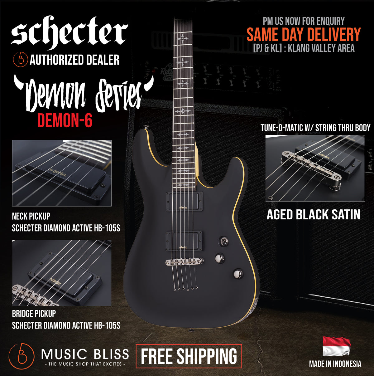 Schecter Demon-6 Electric Guitar - Aged Black Satin [MII] | Music Bliss ...