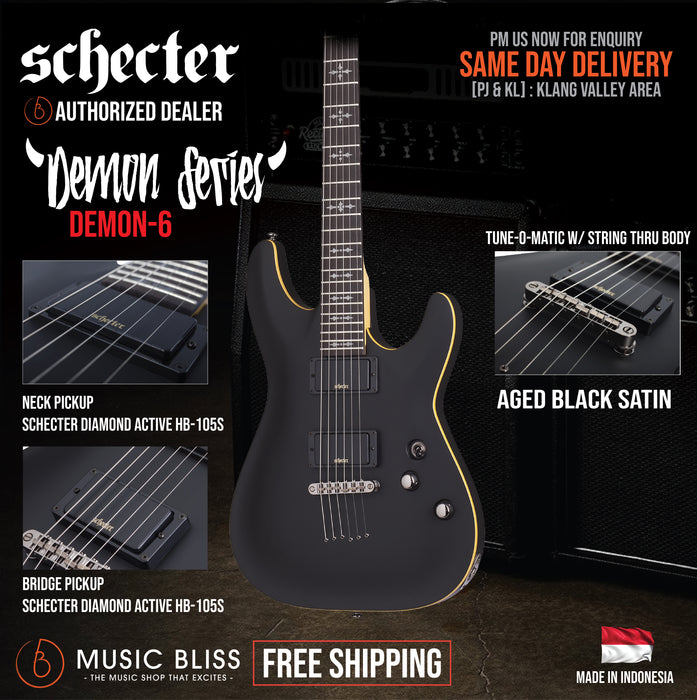 Schecter Demon-6 Electric Guitar - Aged Black Satin [MII] - Music Bliss Malaysia