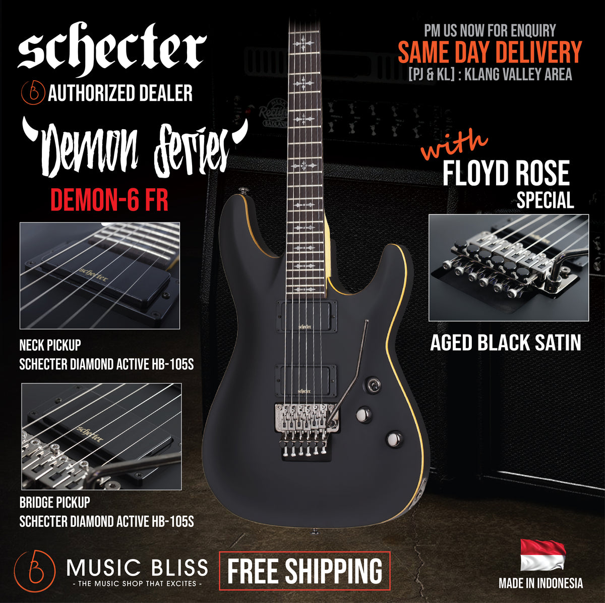 Schecter Demon-6 FR Electric Guitar - Aged Black Satin [MII] | Music ...