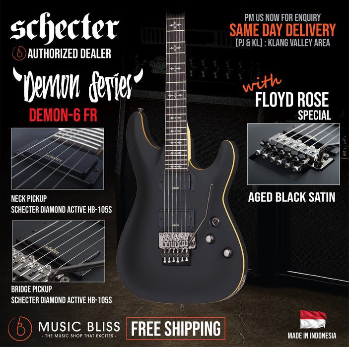 Schecter Demon-6 FR Electric Guitar - Aged Black Satin [MII] - Music Bliss Malaysia