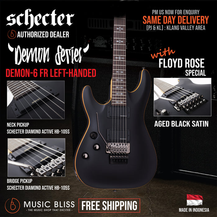 Schecter Demon-6 FR Left-Handed Electric Guitar - Aged Black Satin [MII] - Music Bliss Malaysia