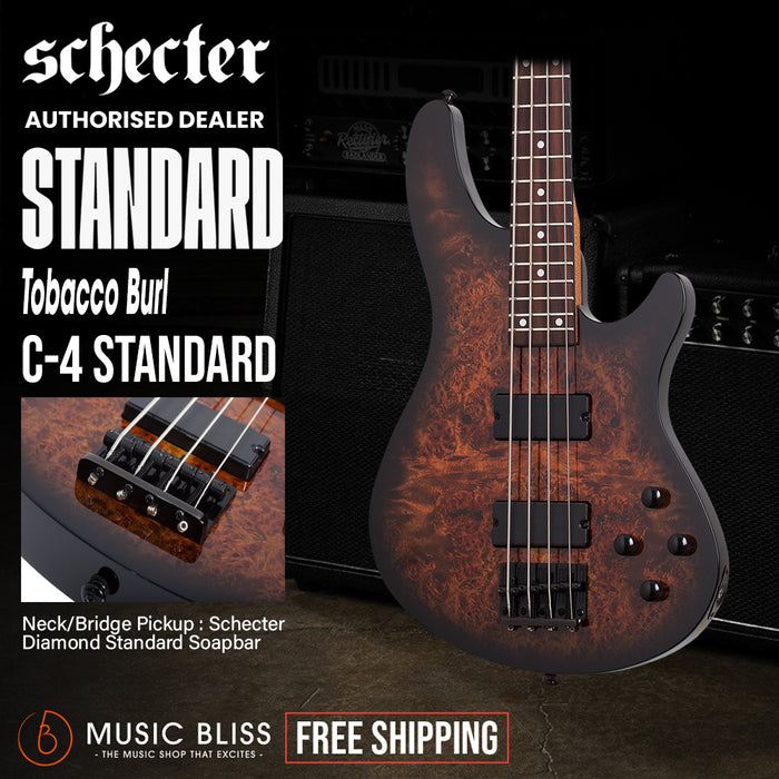 Schecter C-4 Standard Electric Bass Guitar - Tobacco Burl