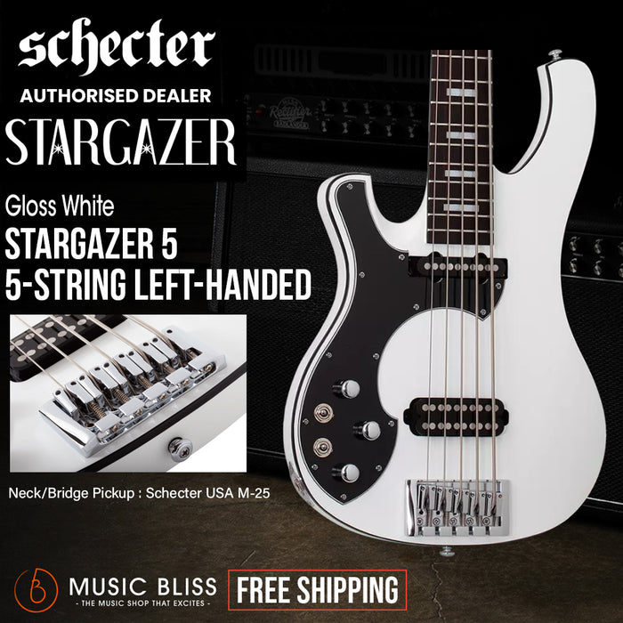 Schecter Stargazer-5 Left-Handed Electric Bass Guitar - Gloss White