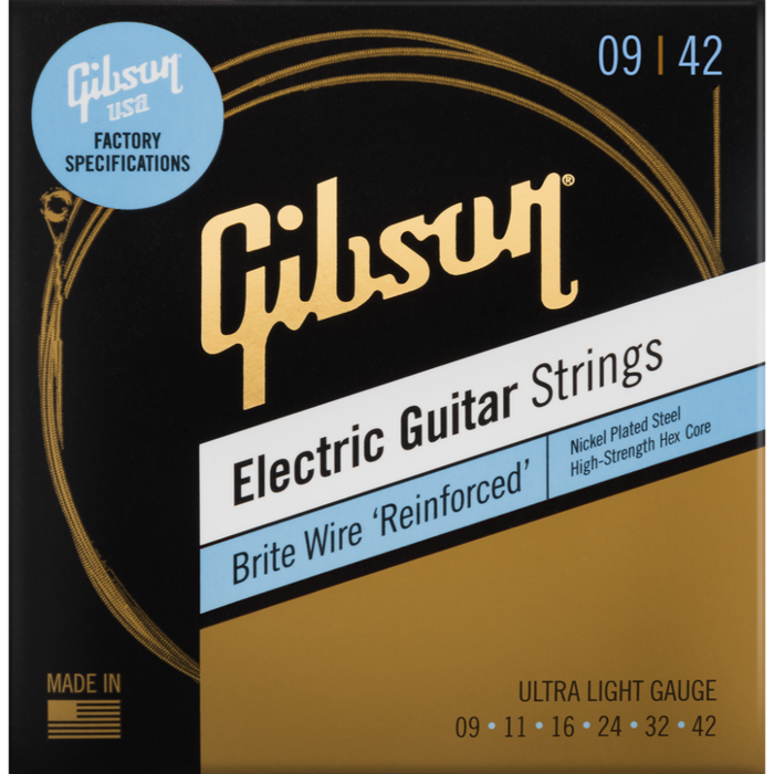 GIBSON ACCESSORIES BRITE WIRE 'REINFORCED' ELECTRIC GUITAR STRINGS - .009-.042 ULTRA LIGHT - Music Bliss Malaysia