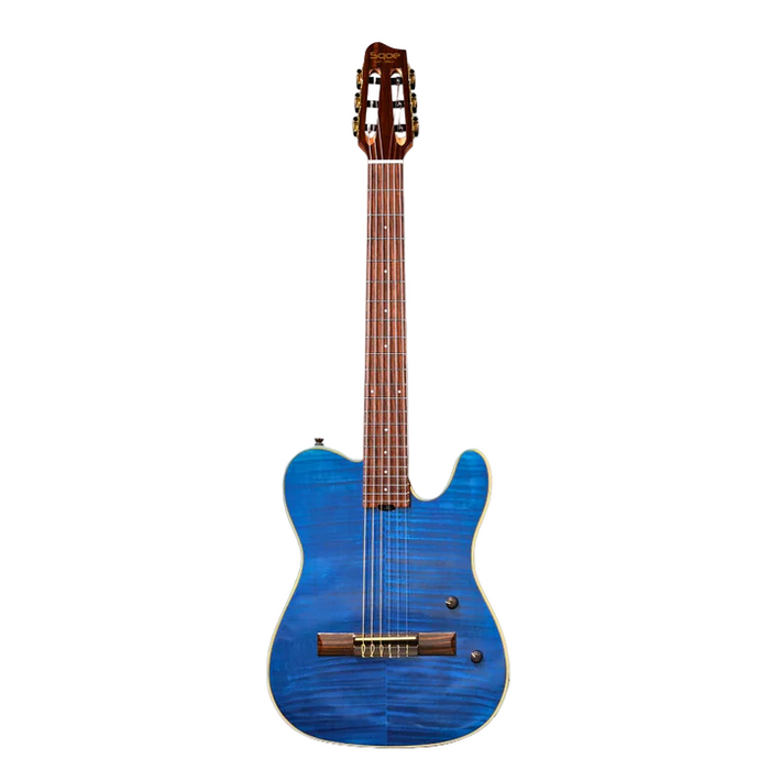 SQOE Spain SEGD900 Electroacoustic Silent Nylon Guitar with Piezo Pickups, Quilted Maple Top - Blue