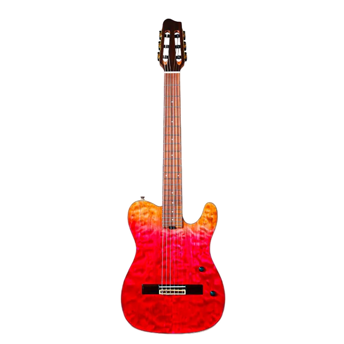 SQOE Spain SEGD900 Electroacoustic Silent Nylon Guitar with Piezo Pickups, Quilted Maple Top - Strawberry Red