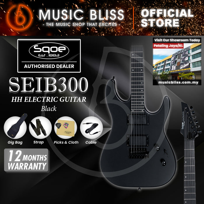 SQOE SEIB300 Heavy Metal Rock Series HH Electric Guitar with Ebony Fretboard - Black
