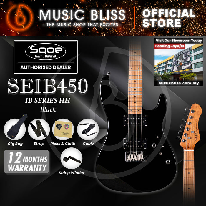 SQOE SEIB450 Double Cutaway Body HH Electric Guitar with Roasted Maple Fretboard - Black