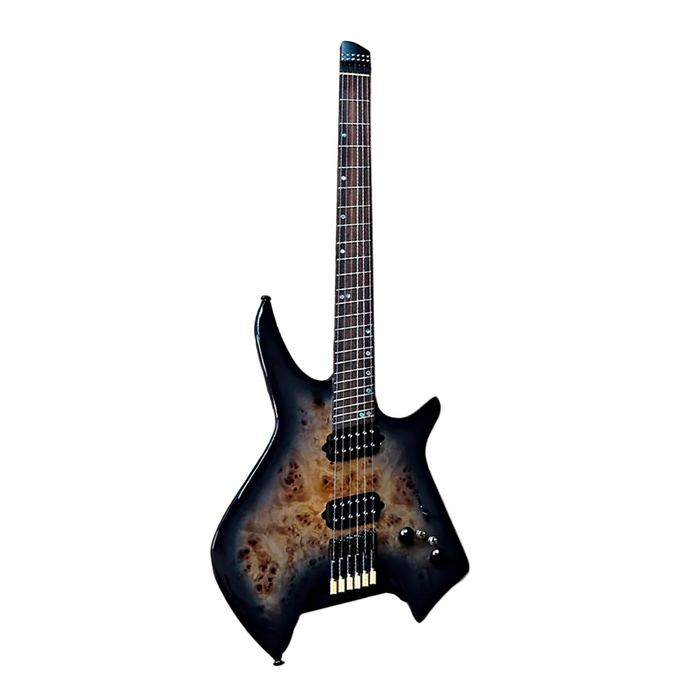 SQOE SEIB992 Headless Burl Maple, Mahogany HH Electric Guitar - Black