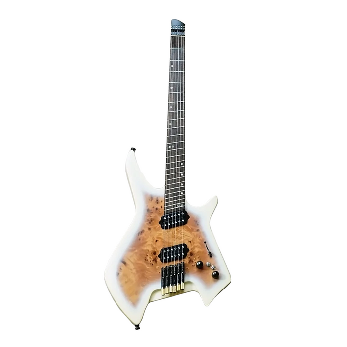 SQOE SEIB992 Headless Burl Maple, Mahogany HH Electric Guitar - White