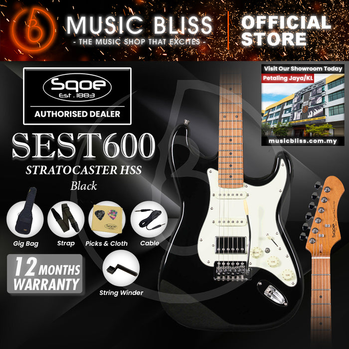 SQOE SEST600 ST Series HSS Electric Guitar - Black (SEST-600)
