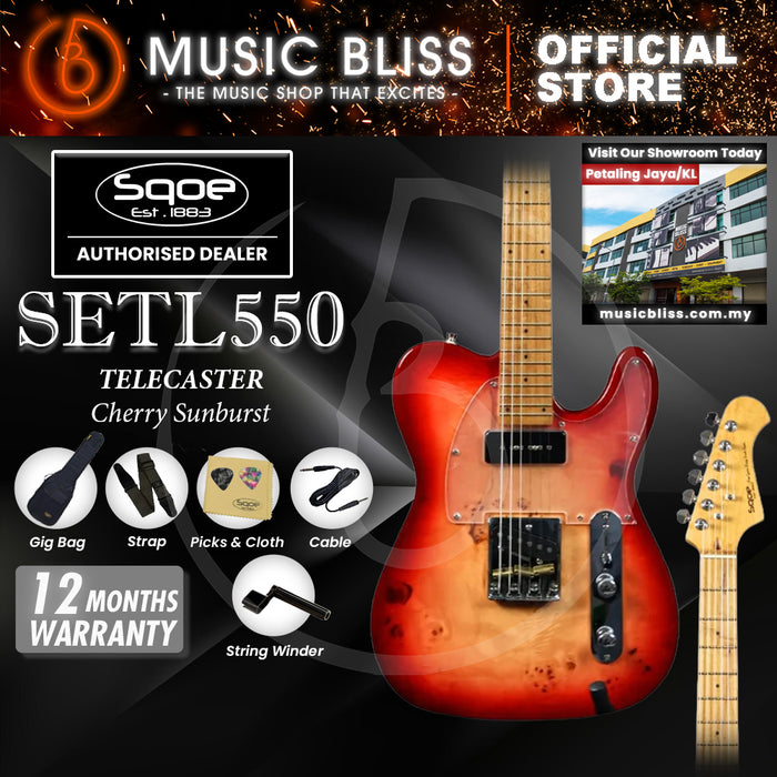 SQOE SETL550 Burl Mahogany with Roasted Maple Fretboard Telecaster Electric Guitar - Cherry Sunburst
