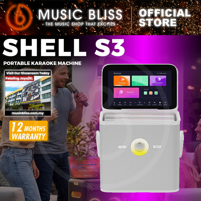 Ikarao Shell S3 Portable Karaoke Machine With Built-In 7" Screen Lyrics And Hidden Wireless Microphone - White
