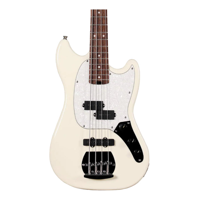 SQOE SJB400 Short Scale 4-Strings Jazz Bass Guitar, Roasted Maple Neck, Rosewood Fretboard - White