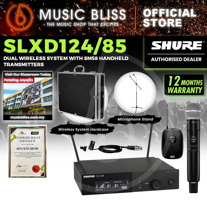 Shure SLXD124/85 Wireless System with SLXD2/58 Handheld Transmitter, SLXD1 Bodypack Transmitter and WL185 Lavalier Microphone