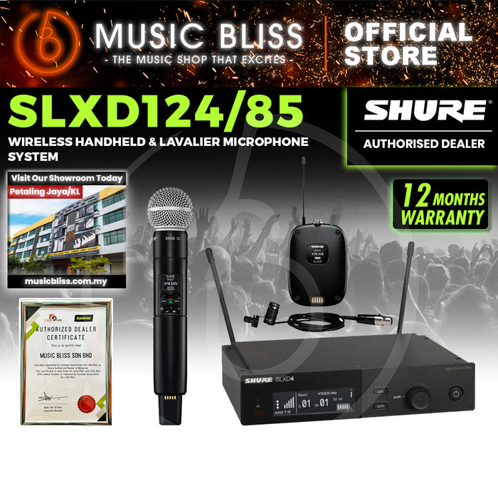 Shure SLXD124/85 Wireless System with SLXD2/58 Handheld Transmitter, SLXD1 Bodypack Transmitter and WL185 Lavalier Microphone