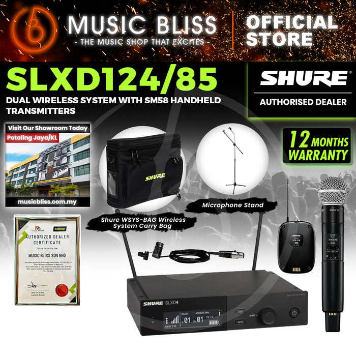 Shure SLXD124/85 Wireless System with SLXD2/58 Handheld Transmitter, SLXD1 Bodypack Transmitter and WL185 Lavalier Microphone