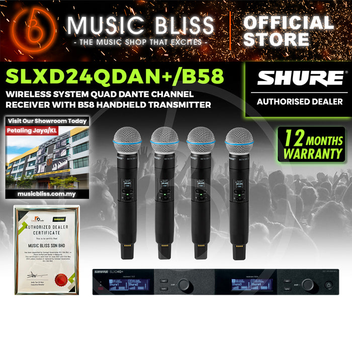 Shure SLXD24QDAN+/B58 Wireless System Quad Dante Channel Receiver with B58 Handheld Transmitter