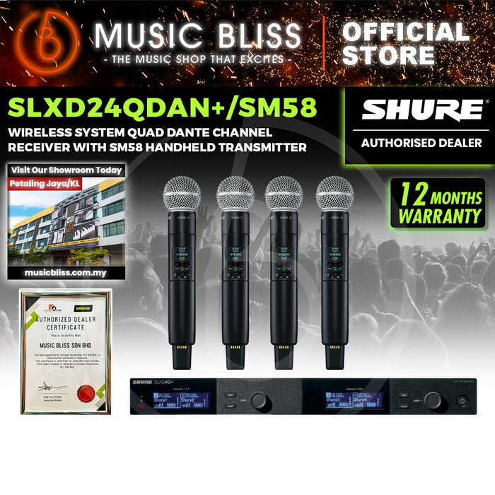 Shure SLXD24QDAN+/SM58 Wireless System Quad Dante Channel Receiver with SM58 Handheld Transmitter