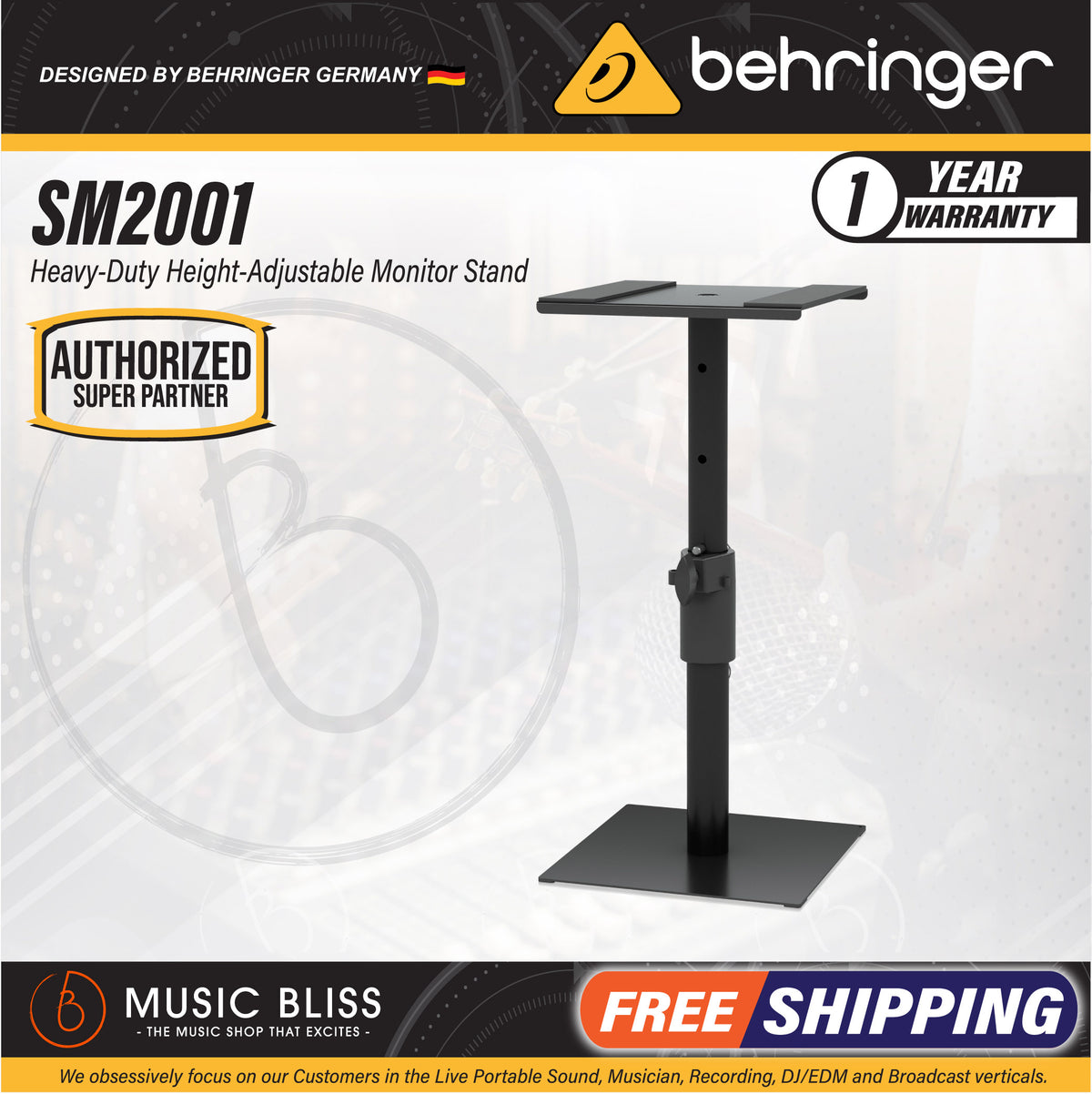 Behringer SM2001 HeavyDuty HeightAdjustable Studio Monitor Stand