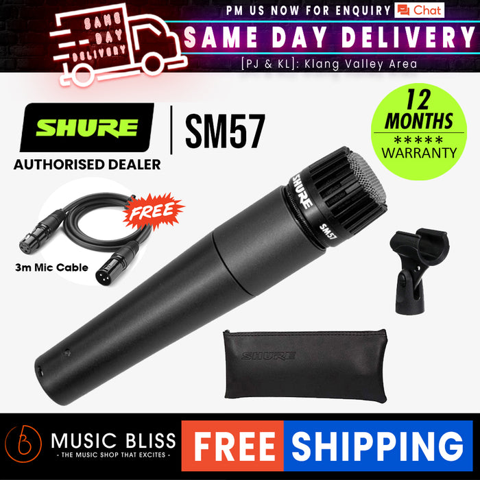 Shure SM57-LC Dynamic Instrument Microphone with Mic Cable and Includes Stand Adapter, Zippered Carrying Case - Music Bliss Malaysia