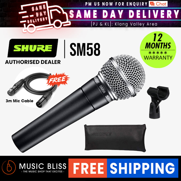 Shure SM58-LC Handheld Dynamic Vocal Microphone with Mic Cable Includes Stand Adapter, Zippered Carrying Case - Music Bliss Malaysia