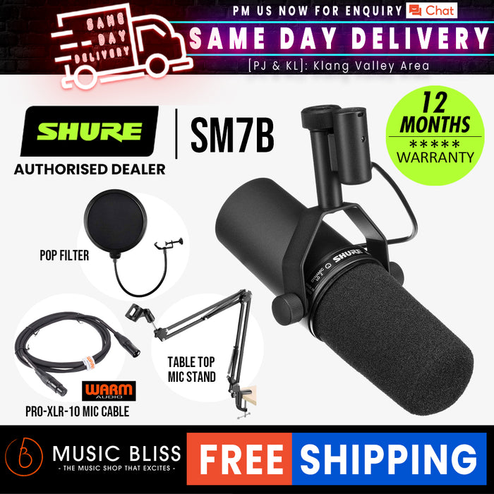 Shure SM7B Dynamic Vocal Microphone with FREE Pop Filter, Warm Audio 3m Cable and Mic Holder - Music Bliss Malaysia