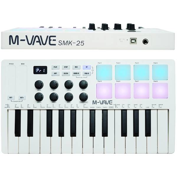 M-Vave SMK25 25-Key Wireless MIDI Keyboard Controller, Velocity Keys, Pitch/Mod Wheels, 8 RGB Drum Pads, USB-MIDI