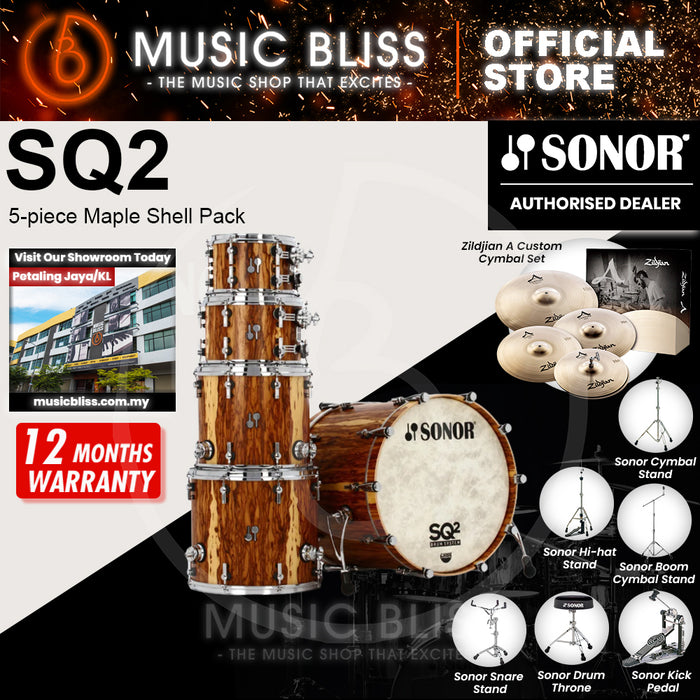 Sonor SQ2 Maple 5-piece Shell Pack 10/12/16/22/14SD Acoustic Drum Set - African Marble Veneer Semi Gloss