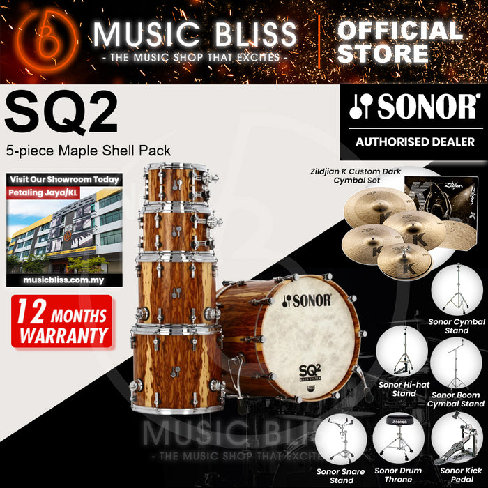 Sonor SQ2 Maple 5-piece Shell Pack 10/12/16/22/14SD Acoustic Drum Set - African Marble Veneer Semi Gloss