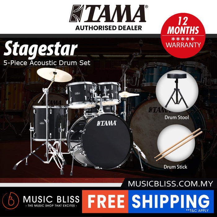 Tama Stagestar 5-piece Drum Set with Drumsticks and Throne - 20 Inch Bass Drum - Black Night Sparkle