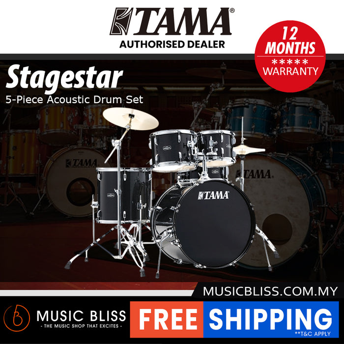 Tama Stagestar 5-piece Drum Set with Drumsticks and Throne - 20 Inch Bass Drum - Black Night Sparkle