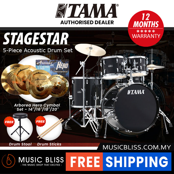 Tama Stagestar 5-piece Drum Set with Drumsticks and Throne - 22 Inch Bass Drum - Black Night Sparkle