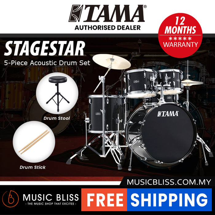 Tama Stagestar 5-piece Drum Set with Drumsticks and Throne - 22 Inch Bass Drum - Black Night Sparkle