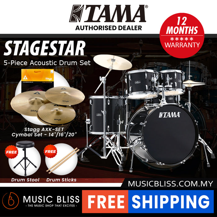 Tama Stagestar 5-piece Drum Set with Drumsticks and Throne - 22 Inch Bass Drum - Black Night Sparkle
