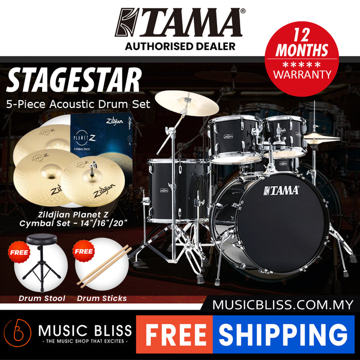 Tama Stagestar 5-piece Drum Set with Drumsticks and Throne - 22 Inch Bass Drum - Black Night Sparkle