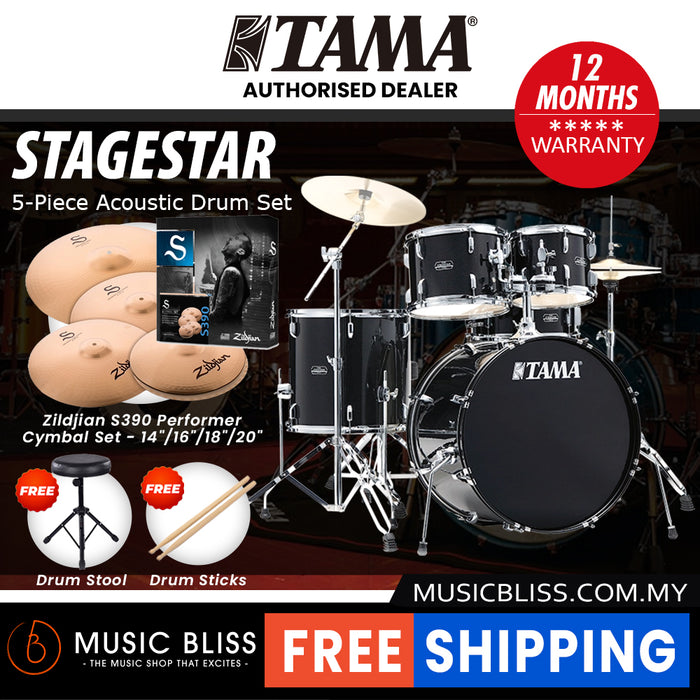 Tama Stagestar 5-piece Drum Set with Drumsticks and Throne - 22 Inch Bass Drum - Black Night Sparkle