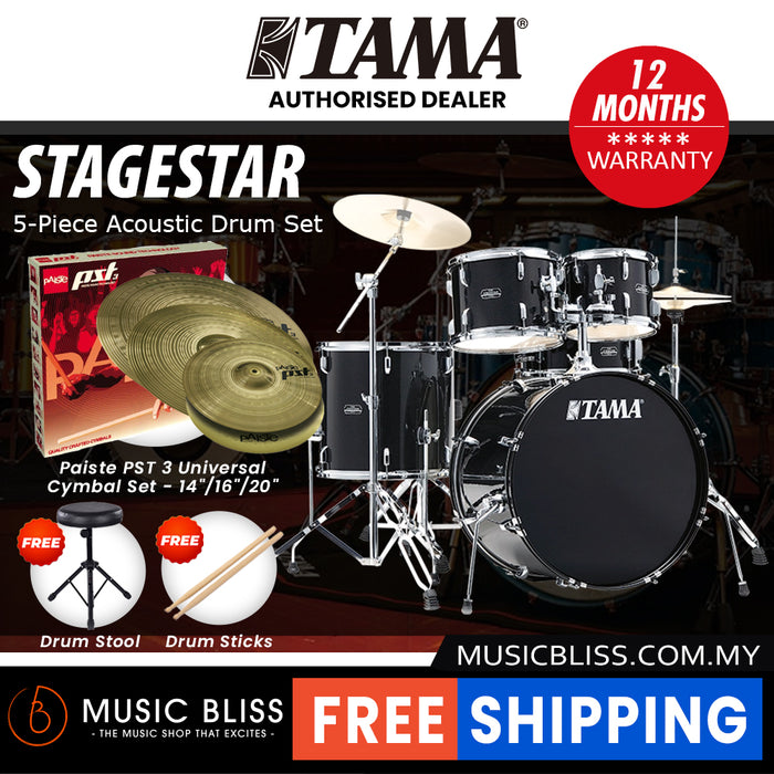 Tama Stagestar 5-piece Drum Set with Drumsticks and Throne - 22 Inch Bass Drum - Black Night Sparkle