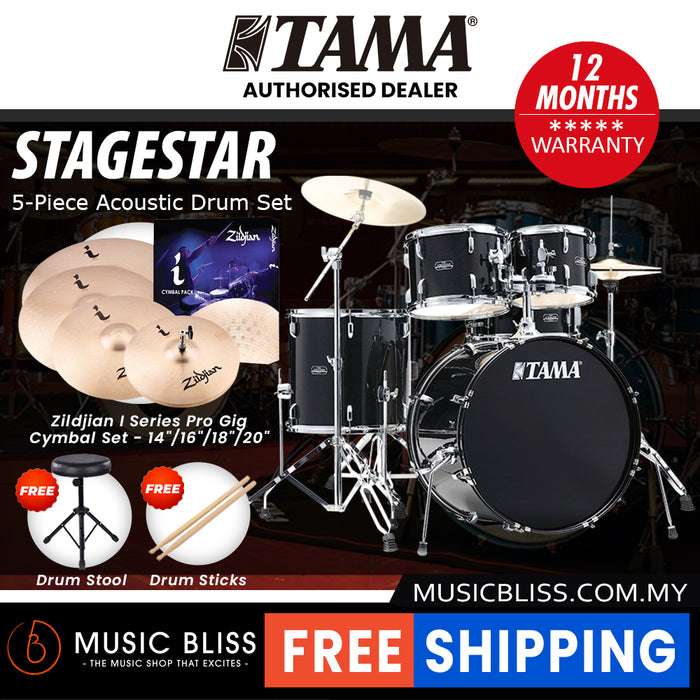 Tama Stagestar 5-piece Drum Set with Drumsticks and Throne - 22 Inch Bass Drum - Black Night Sparkle