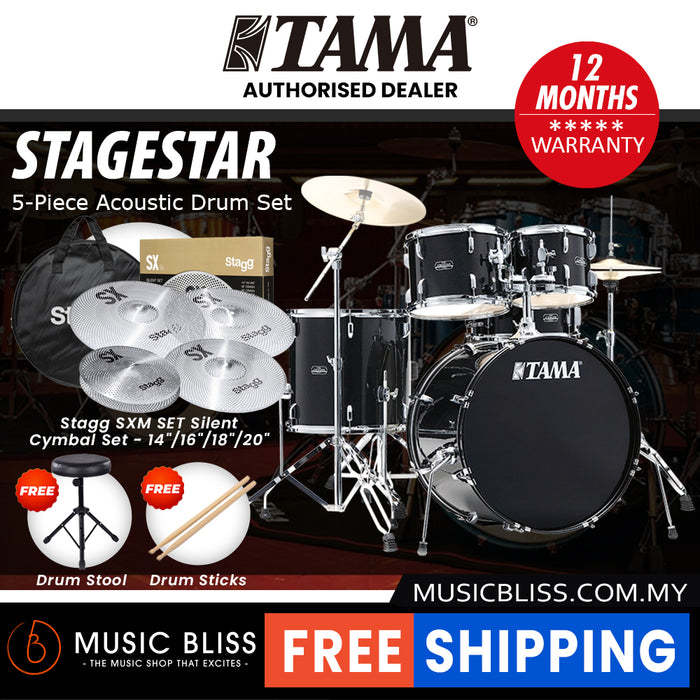 Tama Stagestar 5-piece Drum Set with Drumsticks and Throne - 22 Inch Bass Drum - Black Night Sparkle
