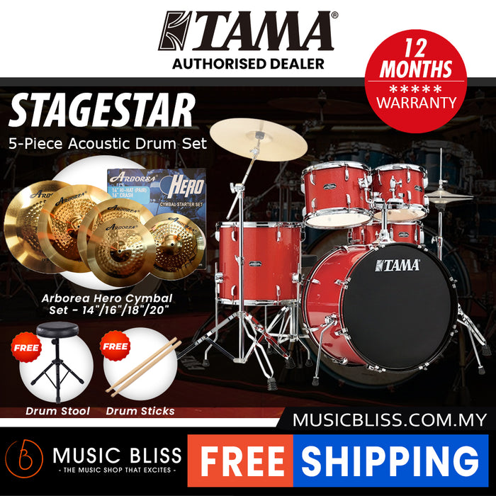 Tama Stagestar 5-piece Drum Set with Drumsticks and Throne - 22 Inch Bass Drum - Candy Red Sparkle