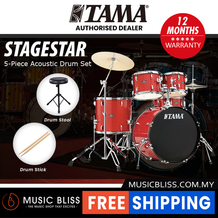 Tama Stagestar 5-piece Drum Set with Drumsticks and Throne - 22 Inch Bass Drum - Candy Red Sparkle